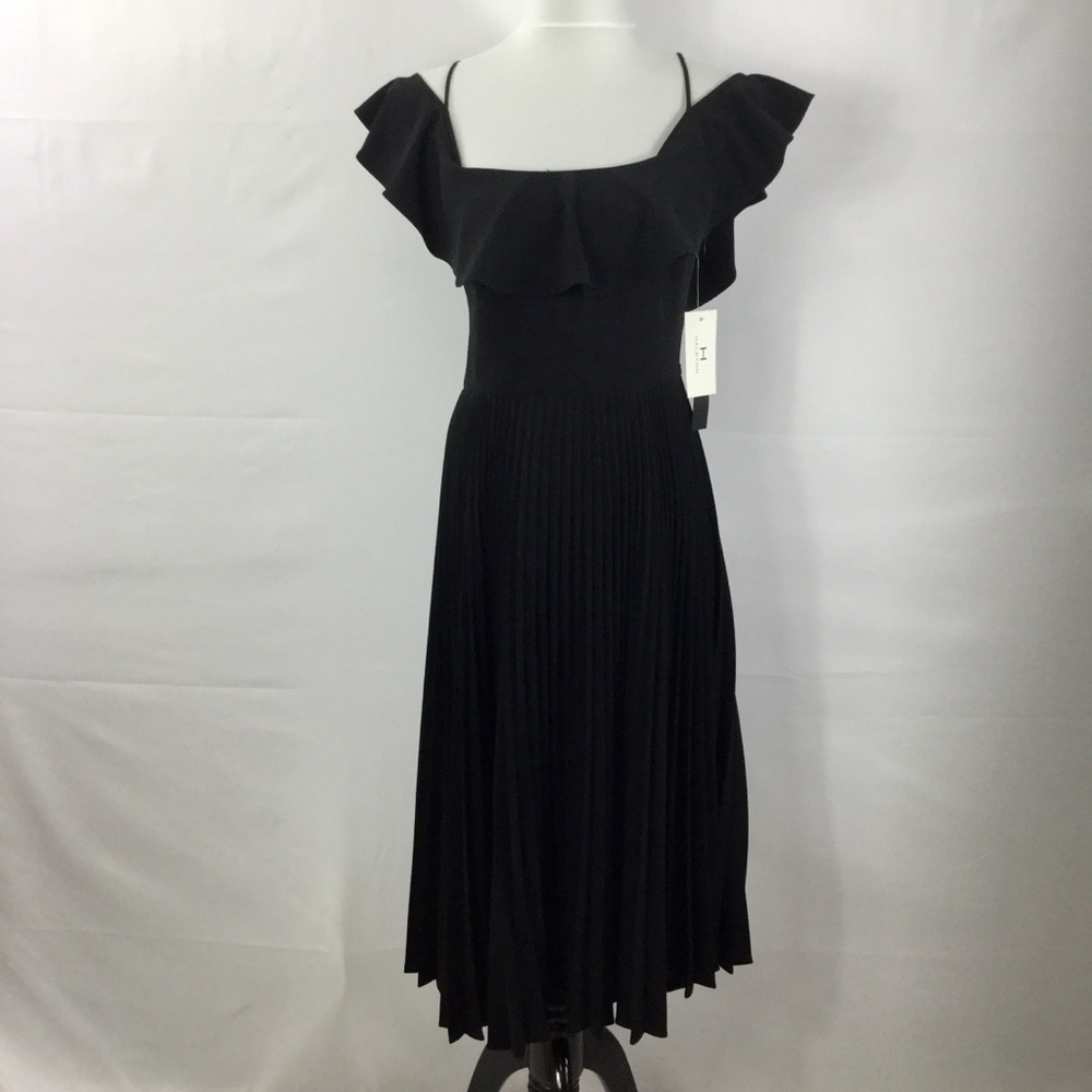 H Halston Black Flutter Sleeve Pleated Skirt Midi Dress Size 4 NWT